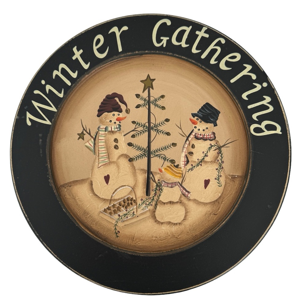 Pair of Audrey’s Winter Snowman Wooden Plates Christmas Primitive Folk Art 10.5” - Picture 3 of 5
